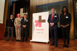 HKU is the first university globally to launch this campaign on campus. (From left) Head of the HeForShe Ms Elizabeth Nyamayaro, HKU President and Vice-Chancellor Professor Peter Mathieson, Hong Kong Equal Opportunities Commission Chairman Dr York Chow and University Grants Committee Secretary-General Dr Richard Armour in the launch event.